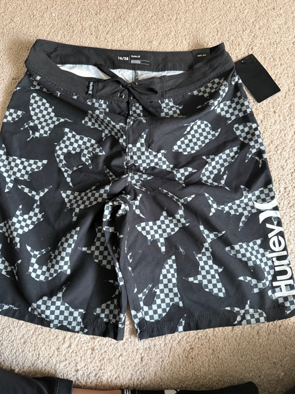Hurley Black Swim Board Shorts with Gray Checker Shark Print